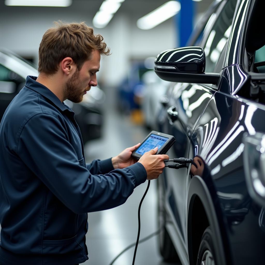 Mechanic using a diagnostic tool on a car in a modern repair shop