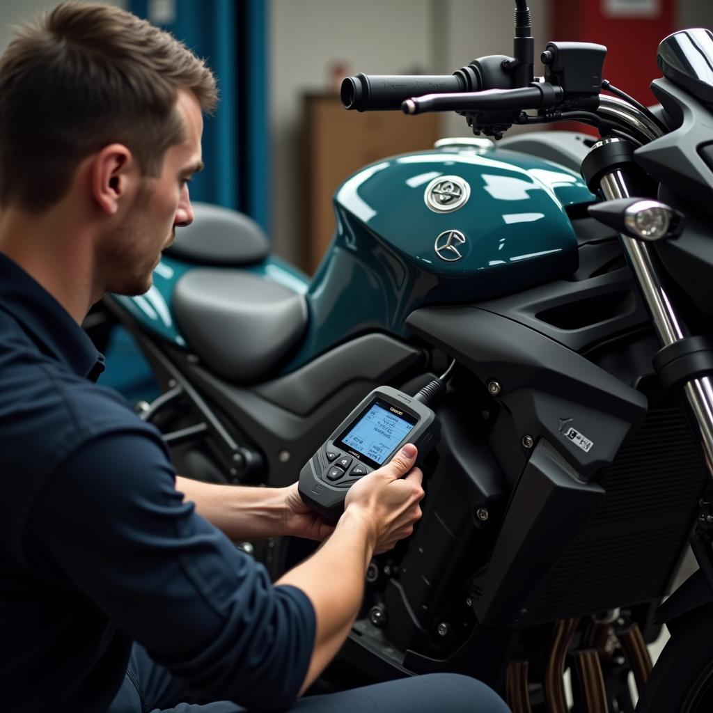 Mechanic Using a Diagnostic Tool on a Motorcycle