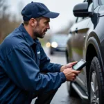 Mechanic Using Diagnostic Tool on Roadside