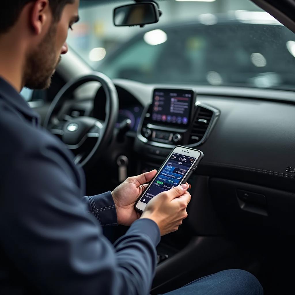 Mechanic Using Diagnostic Tool Connected to Service App
