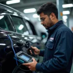 A skilled mechanic utilizes advanced diagnostic tools in a Hyderabad car service center.