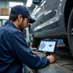 Mechanic using advanced diagnostic tools in a Suchitra car service center