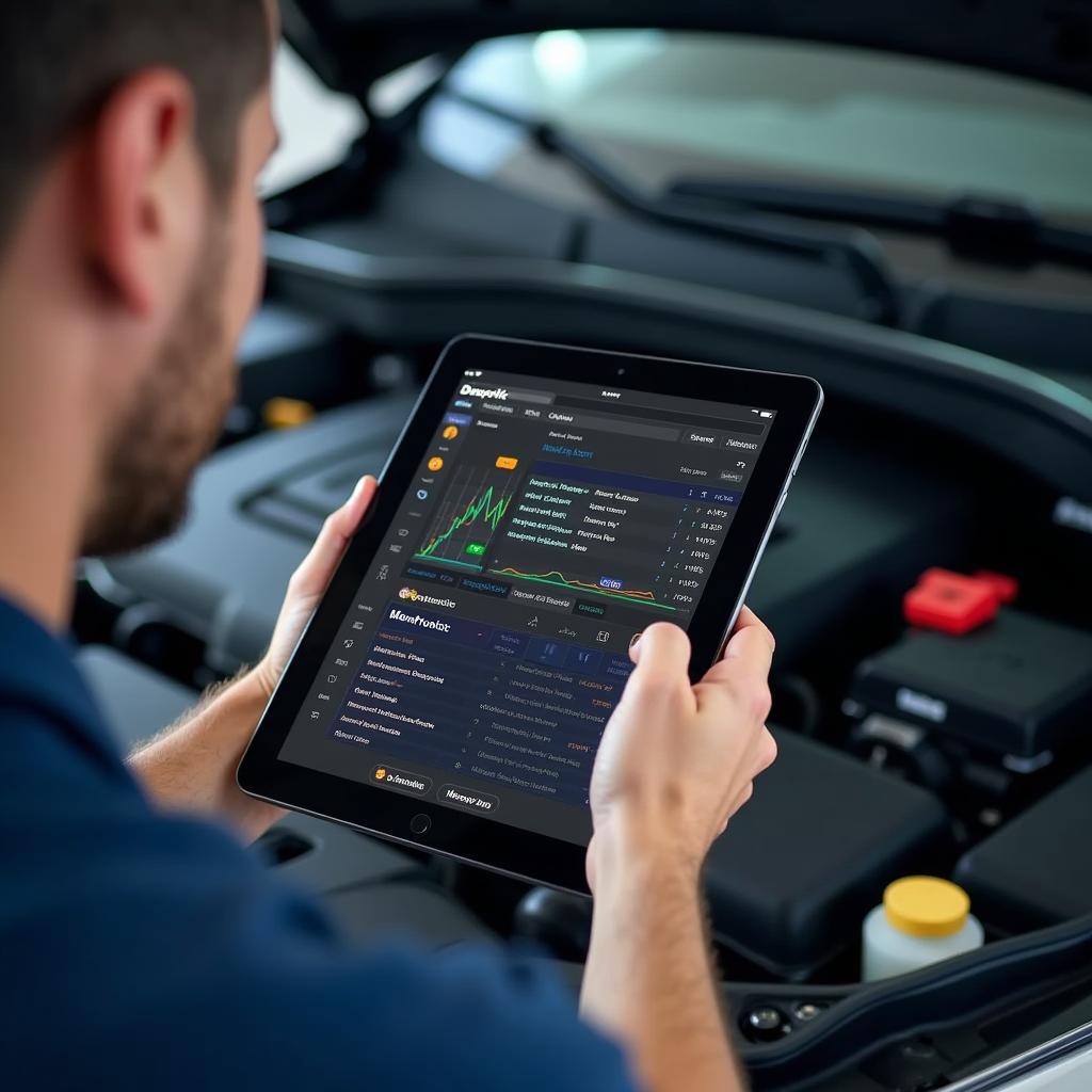 Mechanic Using Digital Diagnostic Tool on a Car