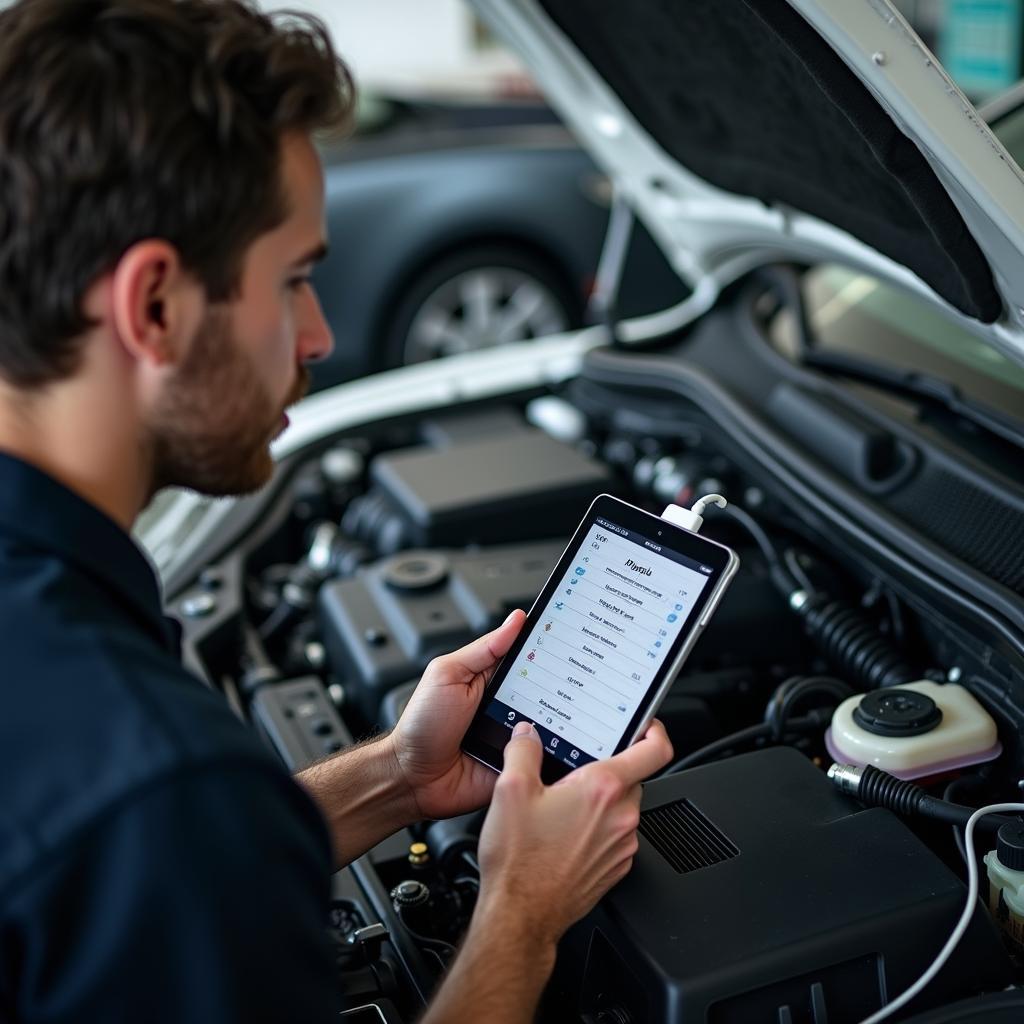 Mechanic Using a Digital Diagnostic Tool on a Car Engine