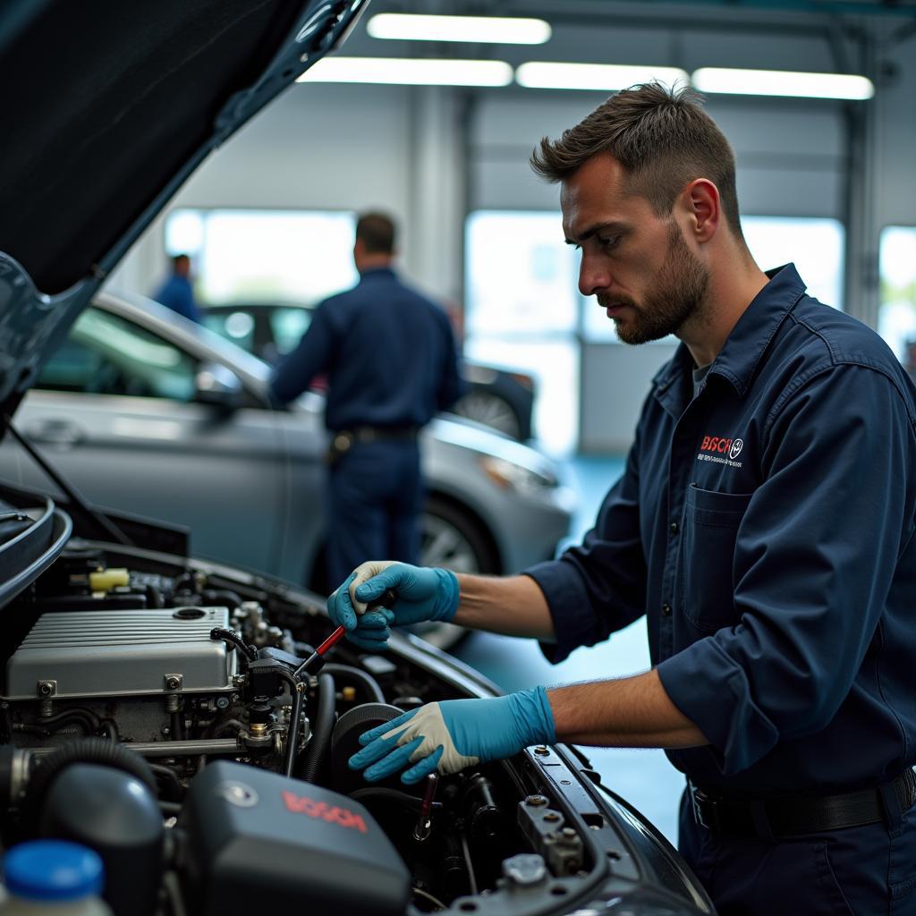 Mechanik pracuje nad silnikiem samochodu w serwisie Bosch