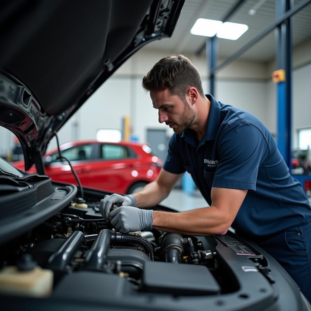 Mechanic Working on Car Engine in Local Garage