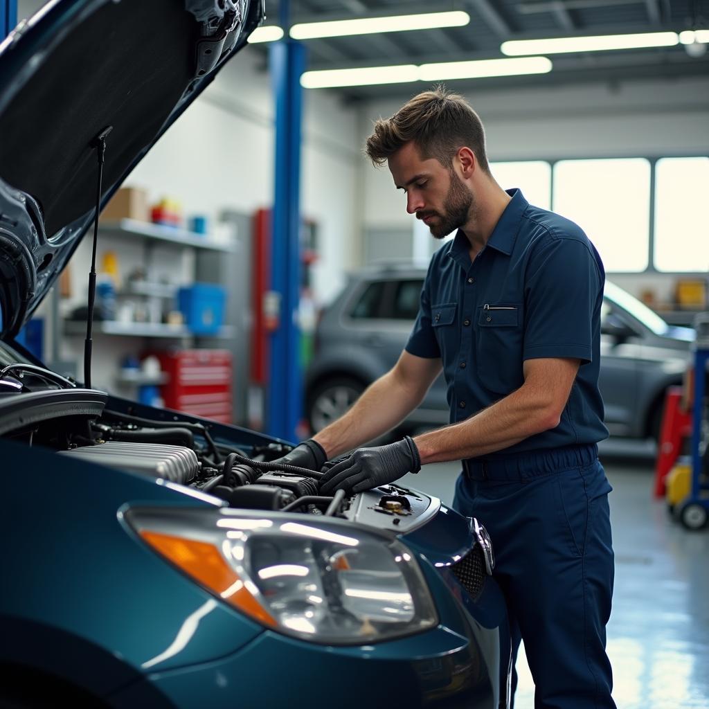 Mechanic Working on a Car in Modern Auto Shop