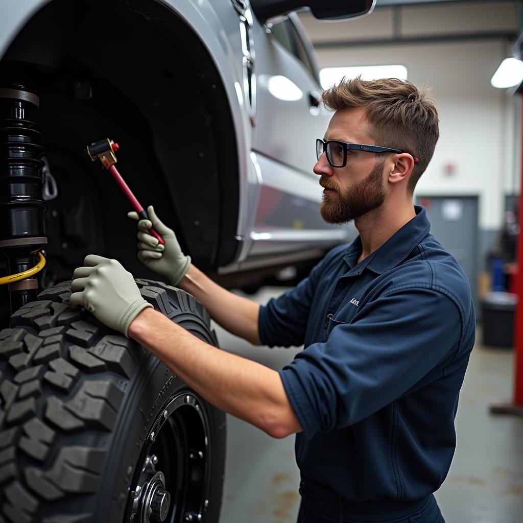 A mechanic working on a modified car's suspension