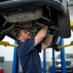 Mechanic Working Under Car on Lift