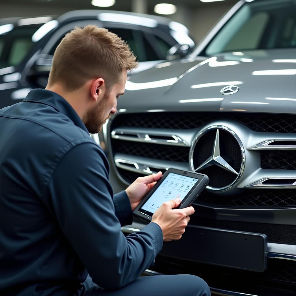 Mercedes-Benz technician using advanced diagnostic equipment in Ahmedabad