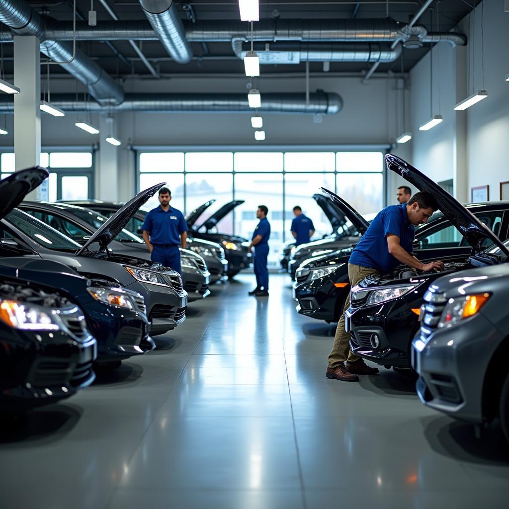 Modern Metro Honda Car Service Center with Technicians Working