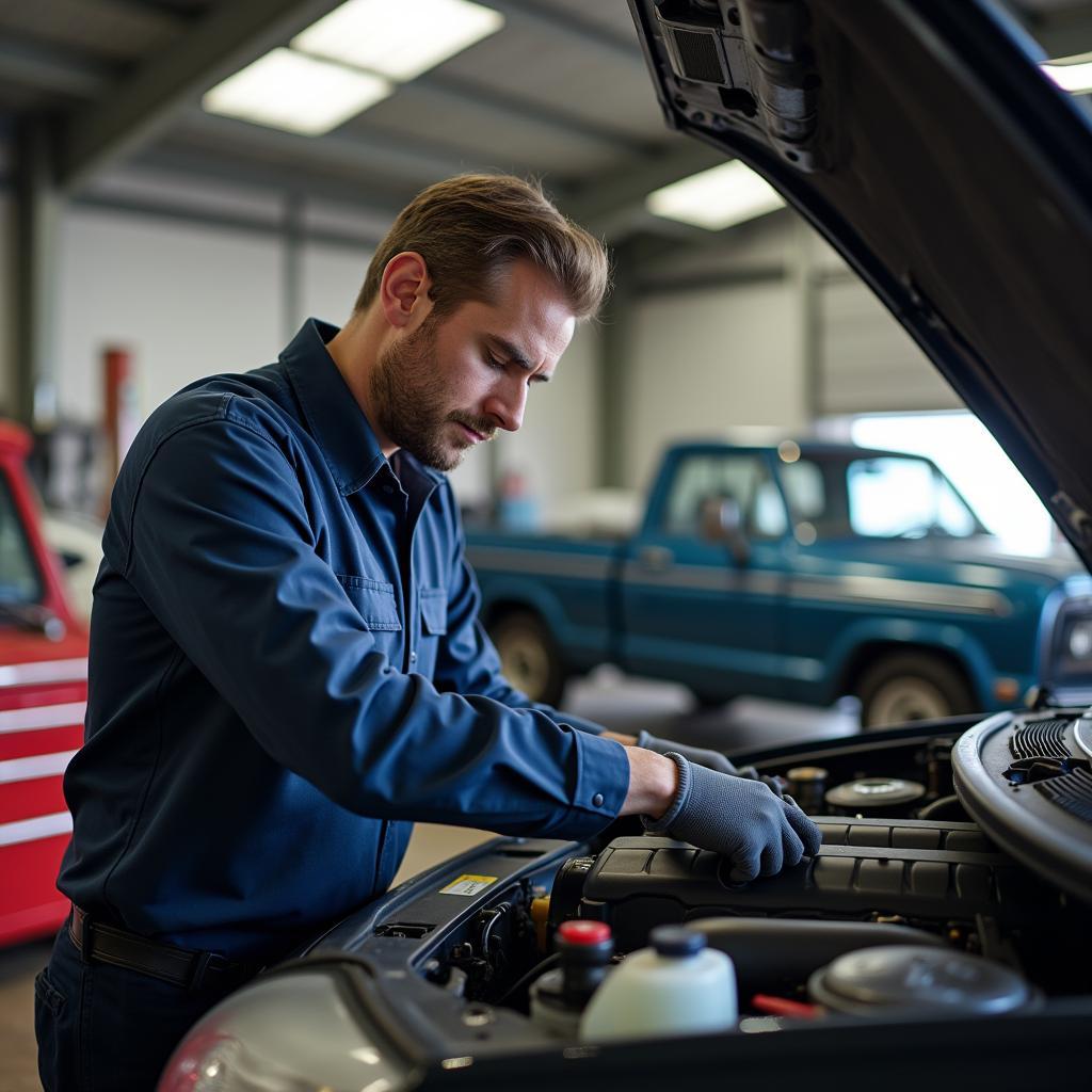 Mechanic Working on a Car Engine in a Minicher Car Service Garage