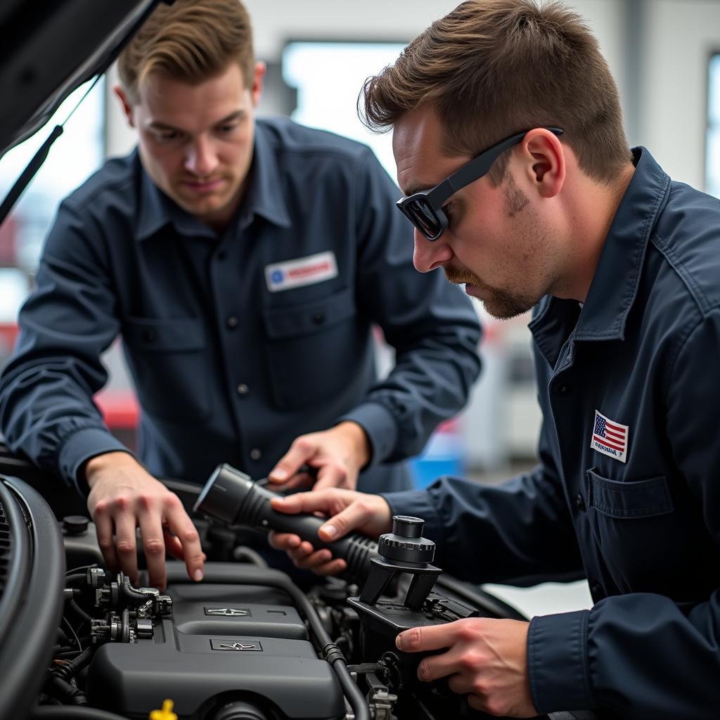 Mitsubishi Certified Technicians Working on Engine