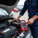 Mobile Battery Replacement Service Technician Testing Alternator