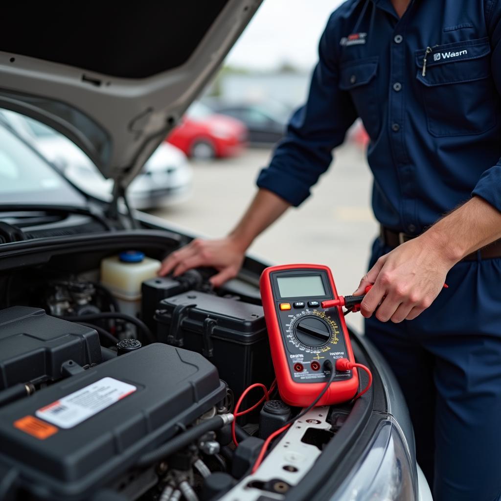 Mobile Battery Replacement Service Technician Testing Alternator