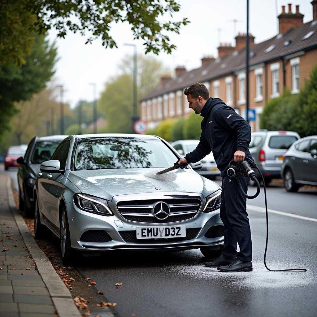 Mobile car valet service in London cleaning a vehicle.