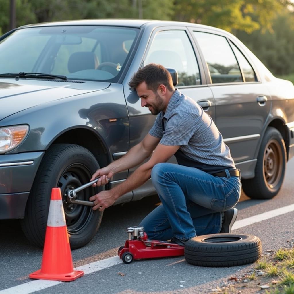 Mobile Mechanic Changing a Flat Tire on the Roadside