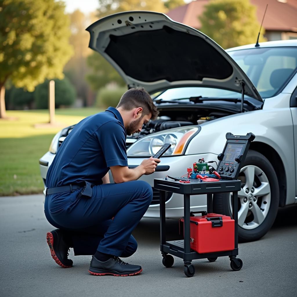 Mobile Mechanic Diagnosing Car Problem at Customer's Location