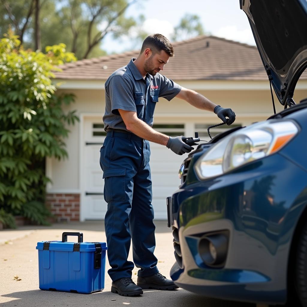 Mechanic performing car service at a customer's doorstep