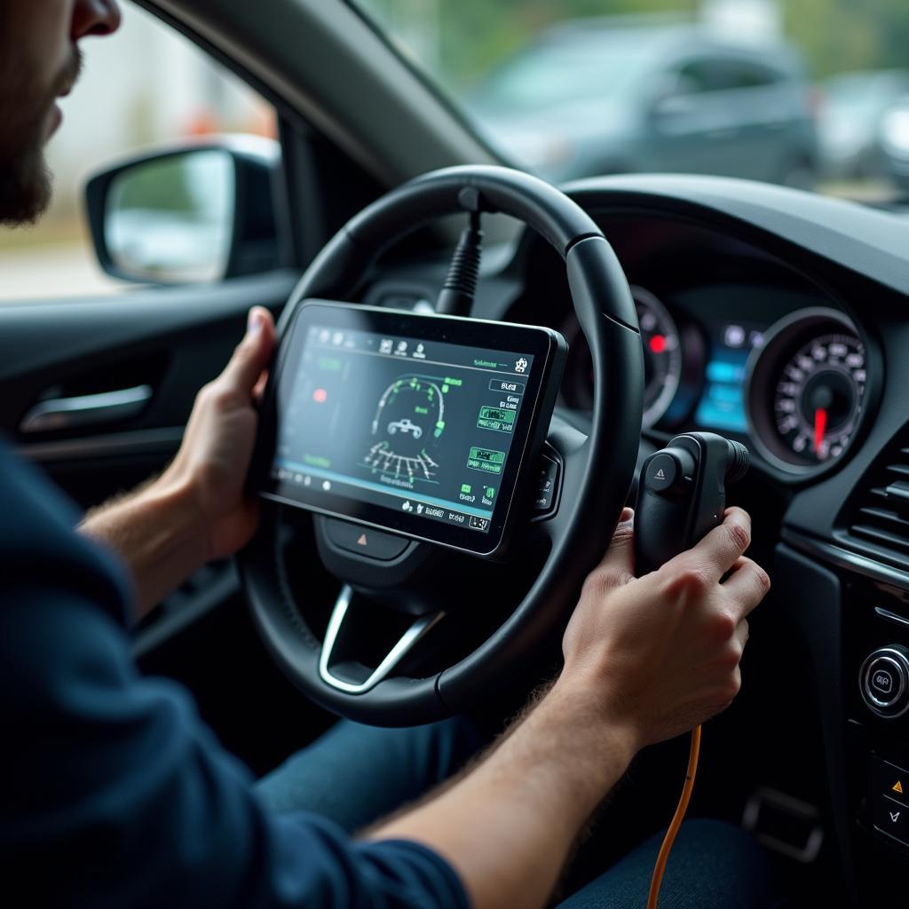 Modern diagnostic equipment being used on a car near Ekta Tripolis