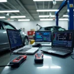 Modern Car Diagnostic Tools in a High-Tech Auto Repair Shop