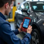 Modern car diagnostic tools in a service center