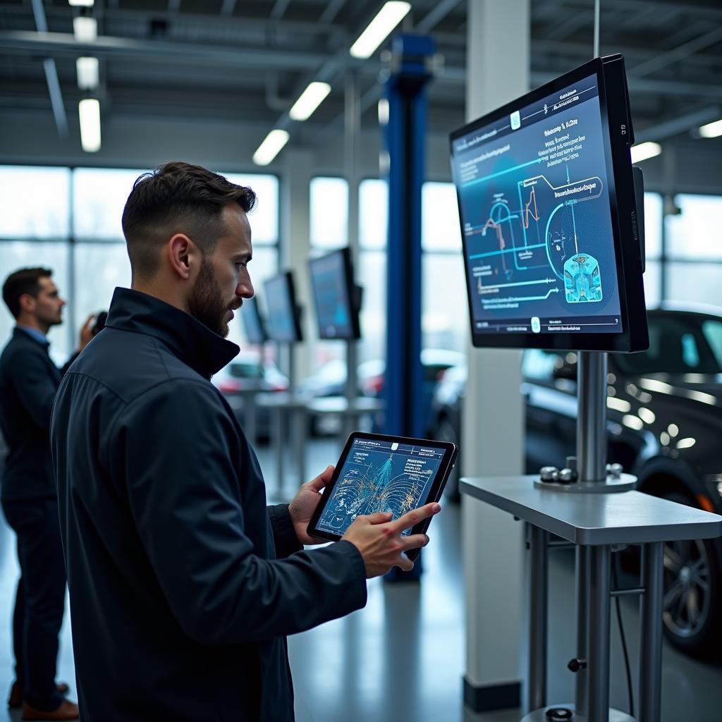 Modern car service center with advanced digital technology integration