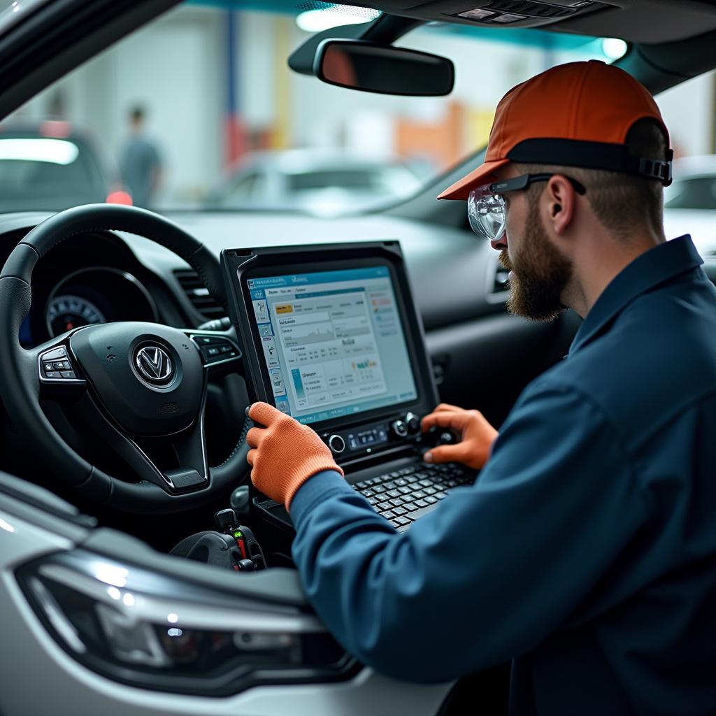 A modern car service technician using diagnostic tools on a passenger vehicle.