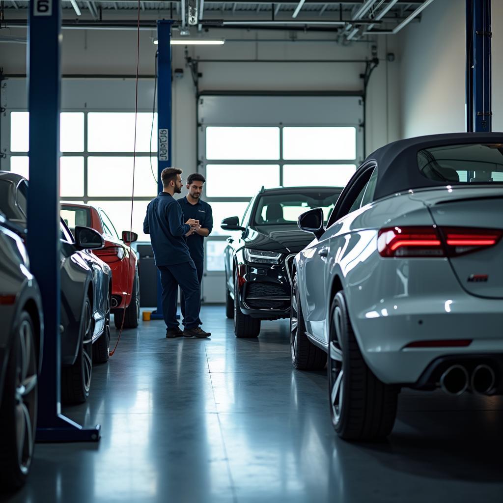 Modern Kuwait car dealership service bay with technicians working on vehicles.