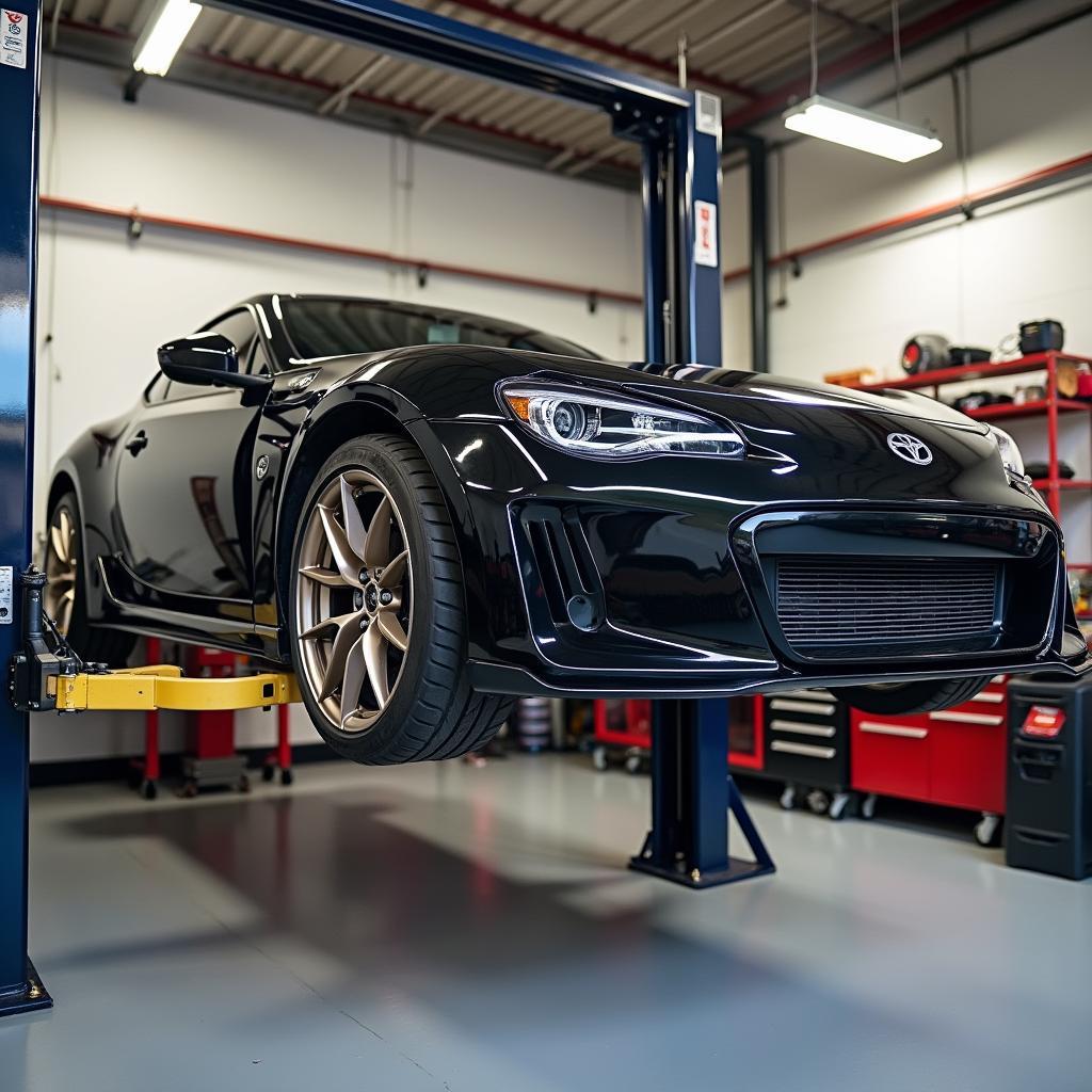 A modified sports car on a lift in a service bay