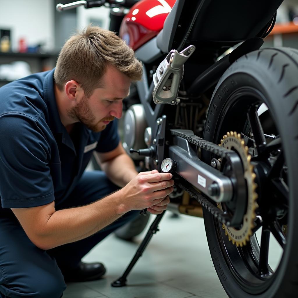 Motorcycle Mechanic Checking Tire Pressure