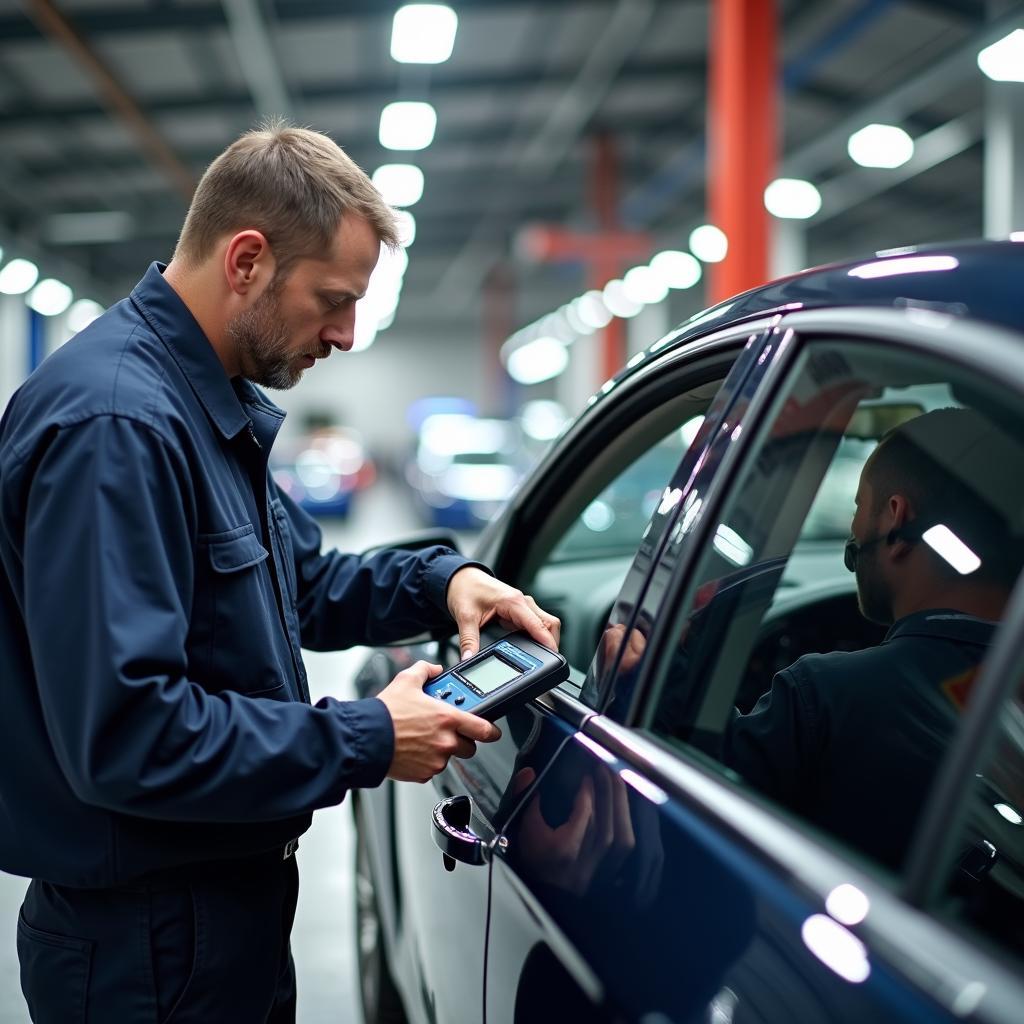 Mechanic Performing Diagnostic Check in a Multi Brand Car Service Garage