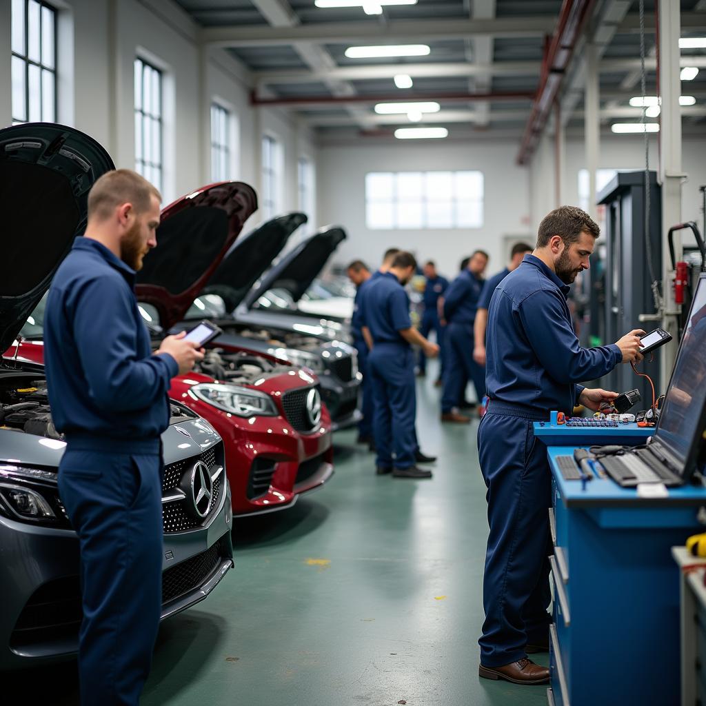 Mechanics inspecting vehicles in a multi-car service garage