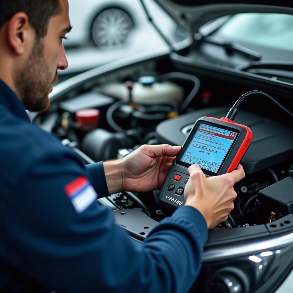 Multibrand Car Service Technician Using Diagnostic Tool on Car Engine