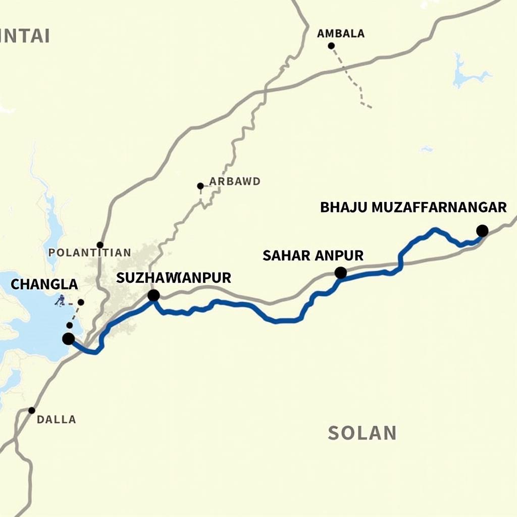 Route map from Muzaffarnagar to Solan highlighting key stops and scenic viewpoints