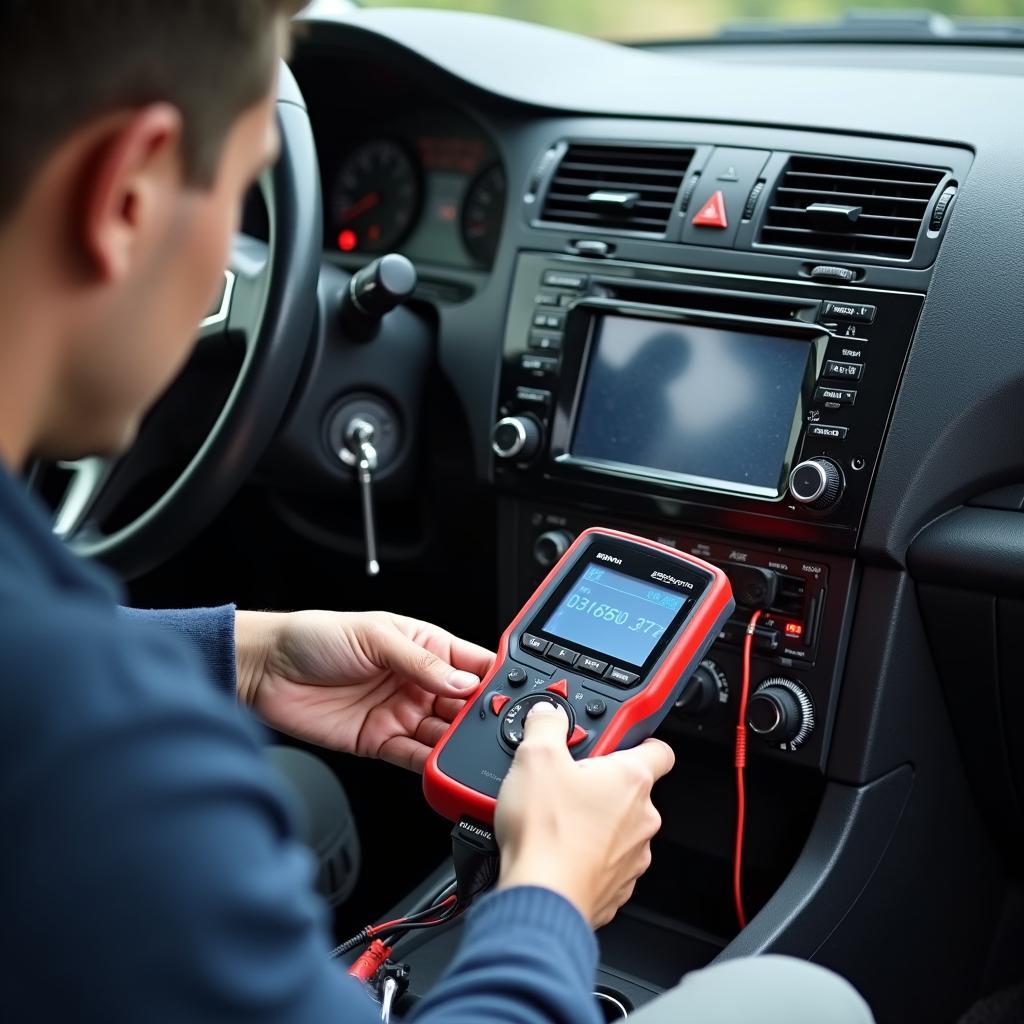 Technician Diagnosing Car Stereo Issues at a Nippon Service Station