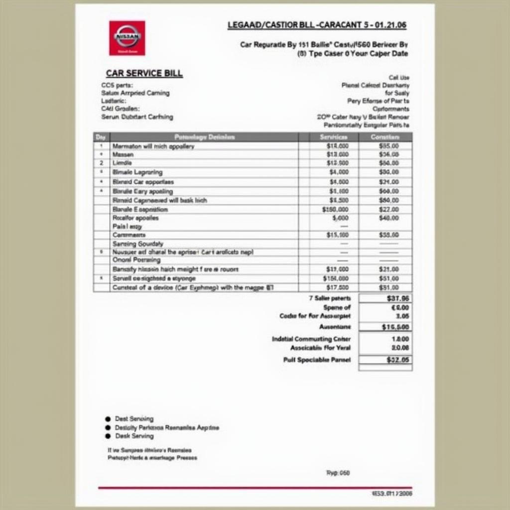 Example of a Nissan Car Service Bill in Bangalore