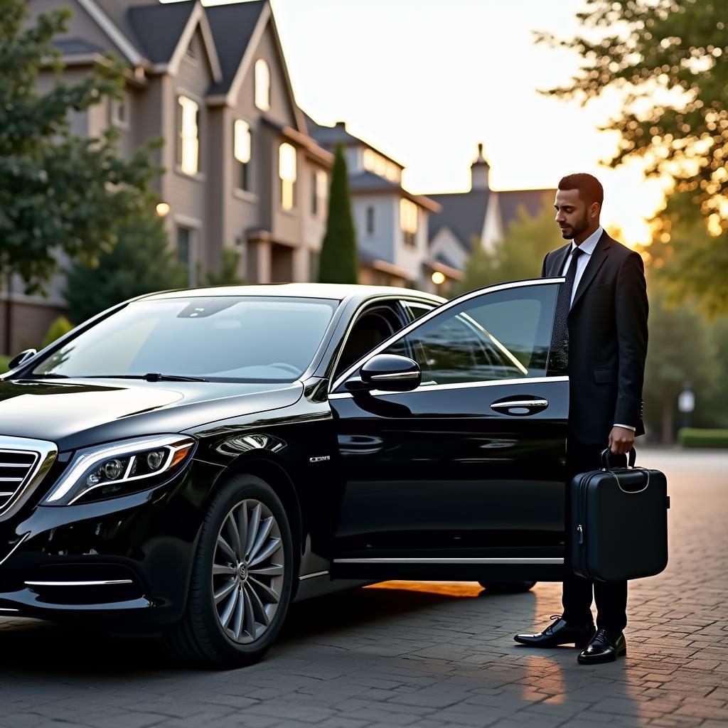 Luxury sedan waiting for passenger at Norwalk residence for HPN airport transfer