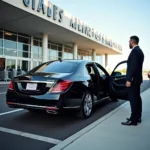 Luxury sedan parked outside an airport terminal for oak airport car service.