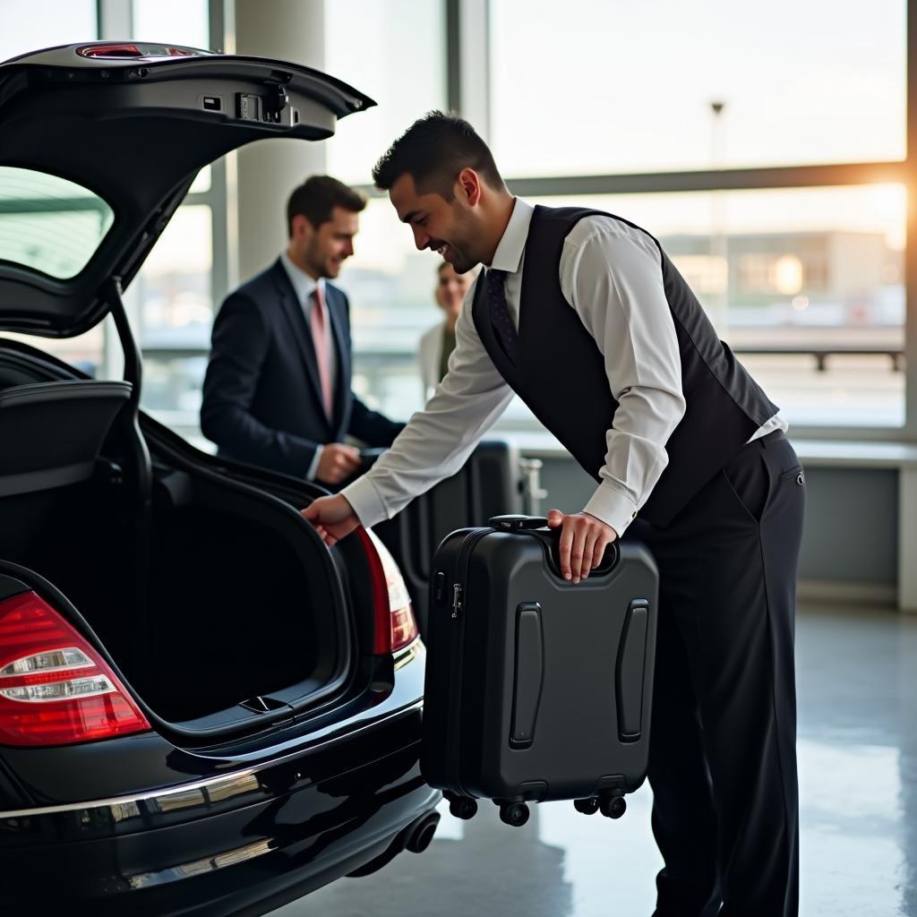 Professional chauffeur assisting passenger with luggage for an oak airport car service.