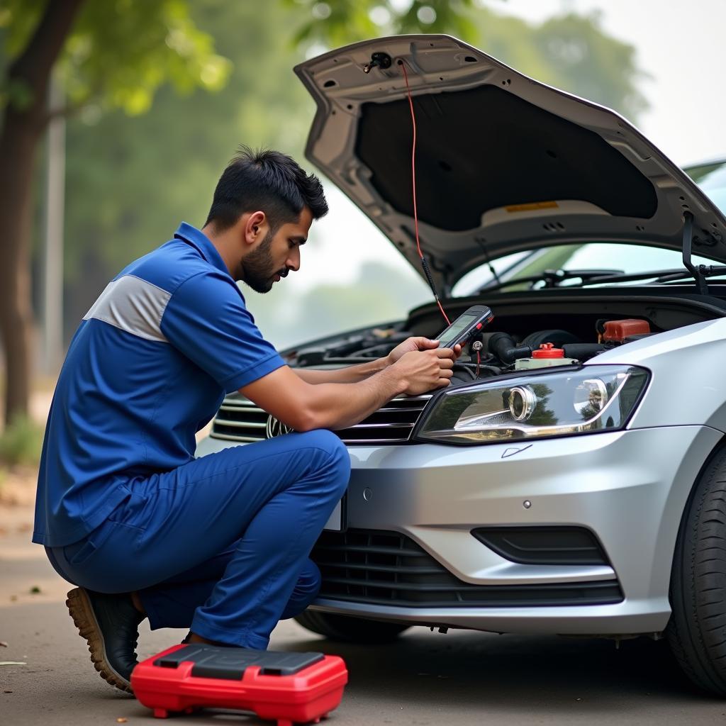 Mechanic performing on-road car repair in Noida