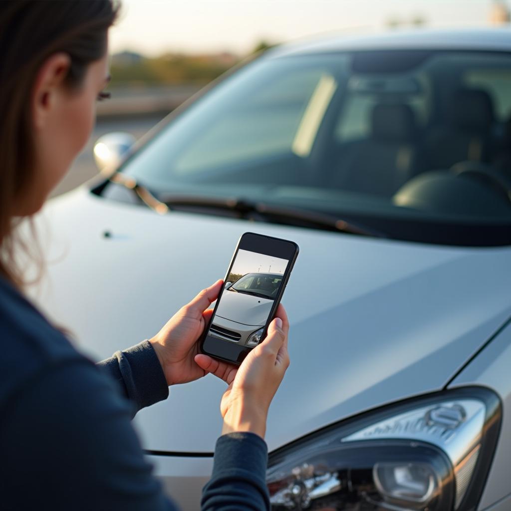 A person inspecting a car for damage before renting it.