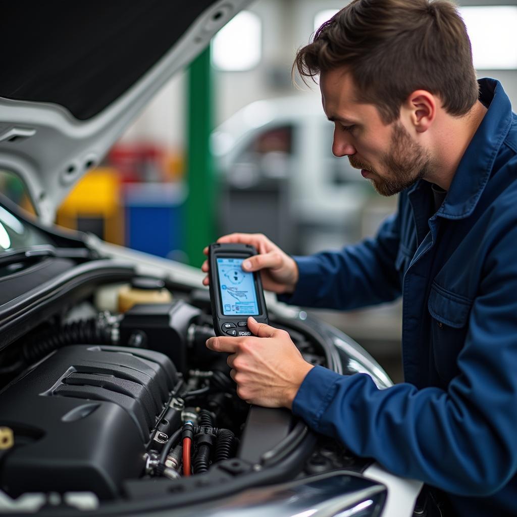 Mechanic checking car engine for fuel efficiency