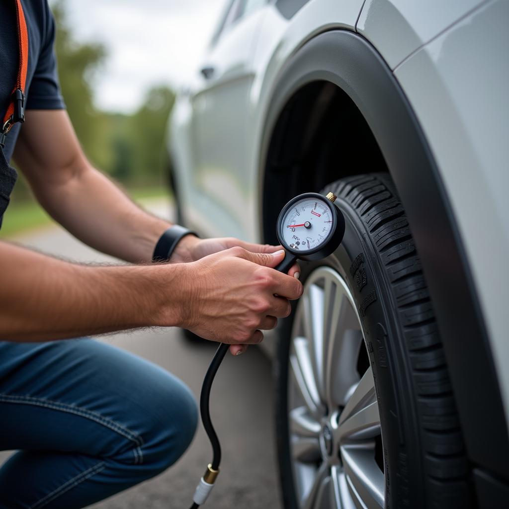 SUV Owner Checking Tire Pressure