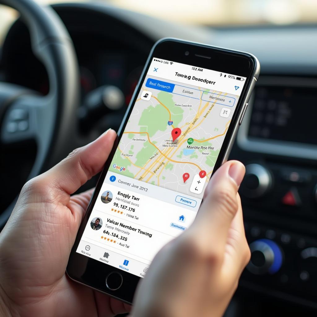 Person using smartphone app to locate nearby towing services