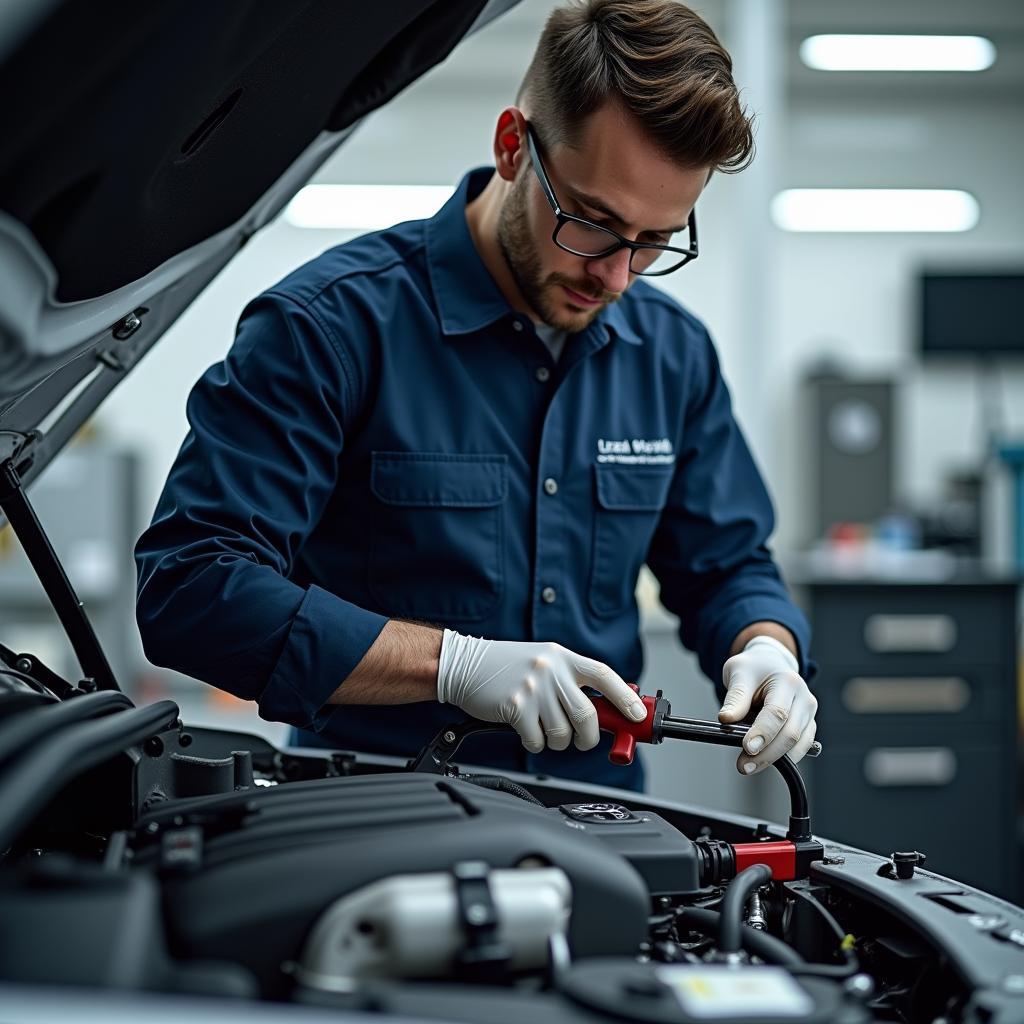 Expert Technician Working on a Luxury Car Engine