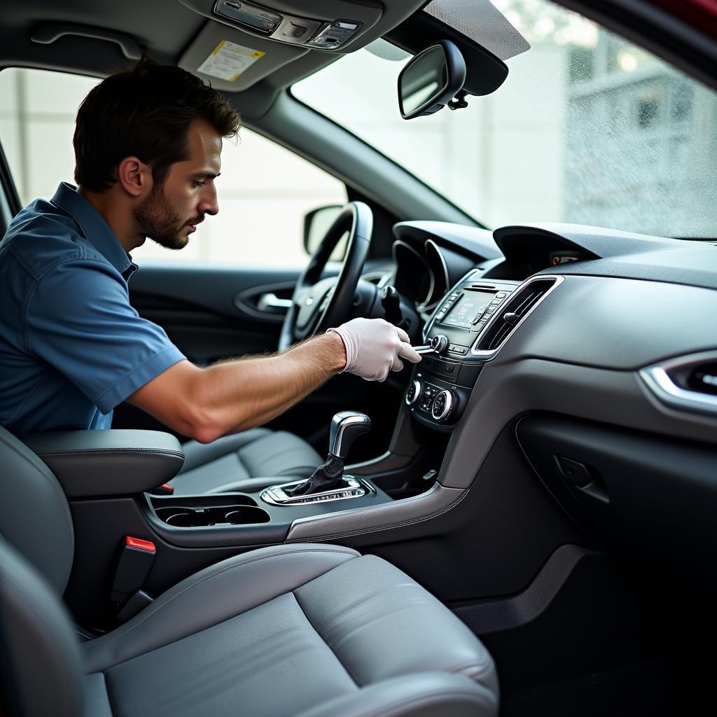 Professional car detailer meticulously cleaning the interior of a vehicle