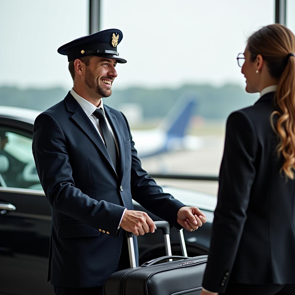 Professional Chauffeur Greeting Passenger at Islip Airport