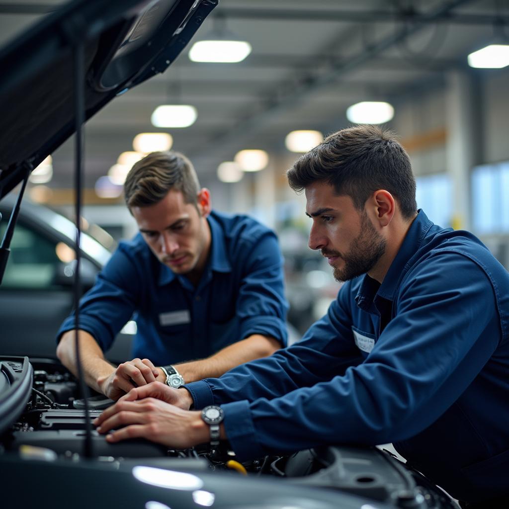 Qualified Technicians Diagnosing a Vehicle Using Advanced Equipment