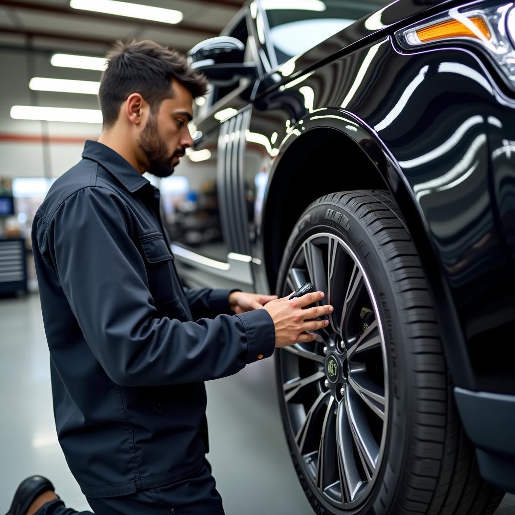 Technician Performing Routine Maintenance Checks on a Range Rover